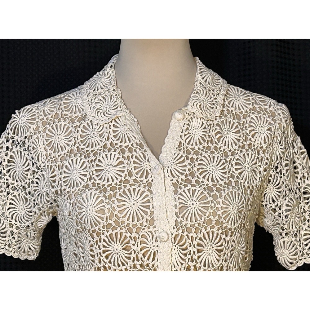 Vintage Crochet Lace Cream Romantic Boho Short Sleeve Button UP Sheer Top Blouse - Picture 2 of 7